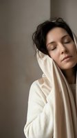 Peaceful young woman with closed eyes touching face in soft beige sweater expressing serenity and mindfulness in warm natural light for wellness concepts.