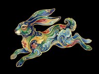 Ornate leaping rabbit with colorful cloisonne floral patterns, isolated on transparent background, ready for stickers, t-shirt design, and print on demand.