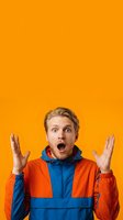 Excited young man with blonde hair and light complexion wearing colorful orange and blue windbreaker jacket, hands raised in surprise gesture against vibrant yellow background for lifestyle and emotion concepts.