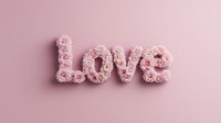 Fluffy pink text spelling LOVE made from soft textured material casting gentle shadow on pastel pink background, romantic typography for Valentine's Day designs.