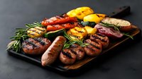 Grilled sausages with colorful bell peppers, onions and fresh rosemary herbs served on wooden cutting board against dark background. Perfect for menu design.