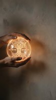 Hands protecting glowing sacred geometry symbol with mystical energy and spiritual light for meditation and healing practices.