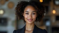 Young African American businesswoman with natural curly hair and warm smile wearing black blazer against blurred bokeh background, professional corporate headshot portrait.