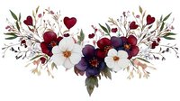 Romantic floral arrangement with burgundy and white flowers, heart shapes, and delicate branches on white background. Perfect for wedding invitations.