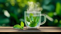 Hot herbal mint tea in double wall glass cup with fresh peppermint leaves on wooden surface against blurred green garden background, steam rising.