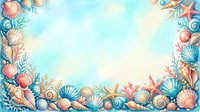 Watercolor seashells and starfish frame with coral branches on light blue background for summer vacation designs and coastal themed projects.
