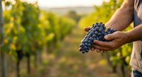 Farmer holding fresh dark grapes in vineyard during harvest season. Male hand displaying ripe fruit with blurred grapevines in background for agriculture and winemaking concepts.