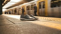 Abandoned gray sneakers on subway platform with blurred train in background. Urban transportation concept for commuter safety and lost belongings campaigns.