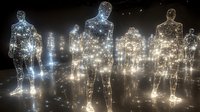 Glowing translucent human figures made of light and stars standing in darkness, creating ethereal illuminated silhouettes against black background. Spiritual concept art.