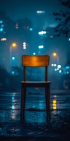 Empty wooden chair on wet street at night with blurred city lights creating moody atmosphere. Dark blue tones with golden bokeh reflections perfect for emotional concepts.