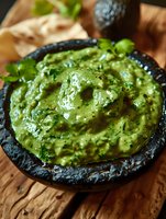 Fresh guacamole dip served in traditional molcajete bowl with avocado, cilantro and lime juice on rustic wooden background, close up view of Mexican appetizer.