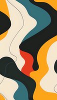 Abstract wavy pattern with organic flowing shapes in retro colors - orange, teal, black, cream and red creating dynamic movement and contrast for modern design.