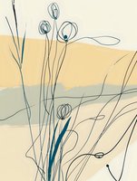 Minimalist line drawing of wildflowers against abstract color blocks in muted yellow and sage green. Elegant continuous lines create delicate floral composition.