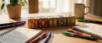 Wooden letter blocks spelling NOISE on desk with pens, notebook and coffee mug in warm office setting. Concept for sound pollution, workplace distraction.