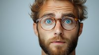 Young Caucasian man with bright blue eyes, beard and glasses showing surprised expression against light background. Close up portrait with strong emotional impact.