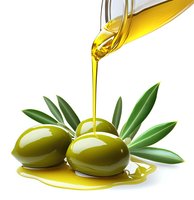 Fresh green olives with pouring extra virgin oil and leaves on white background, isolated food composition for culinary and packaging design.