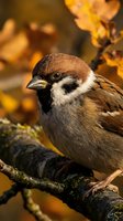 Small brown and white sparrow perched on branch with blurred golden foliage background, suitable for wildlife, nature, and ornithology educational materials.
