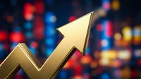 Upward trending golden arrow with zigzag pattern against blurred colorful bokeh background, representing financial growth, business success, and market performance for investment and economic concepts.