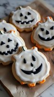 Halloween pumpkin cookies with white icing and spooky faces on wooden cutting board for festive autumn baking and seasonal treats.