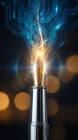Digital fountain pen with glowing circuit board patterns and binary code streams flowing upward, representing creative writing and technology fusion.