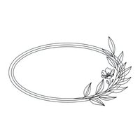 Elegant oval frame with delicate floral branch and leaves, line art style on white background for wedding invitations and decorative design projects.