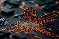 Digital tree growing from computer processor with glowing orange circuit paths on dark circuit board background, symbolizing artificial intelligence and technological growth.