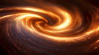 Glowing golden spiral vortex with luminous swirling energy effect against dark background, cosmic abstract design with light trails and particles.