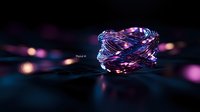 Glowing copper wire LED string lights creating abstract spiral shape against dark background with pink and blue bokeh effects. For festive decoration designs.