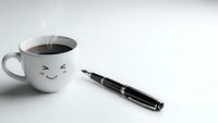 White coffee mug with cute smiling face next to black pen on clean desk. Morning workspace setup with hot beverage and writing tool for productivity and creativity.