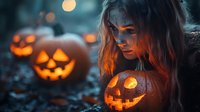Young woman with long hair holding glowing carved pumpkin in mystical autumn setting with jack o lanterns and orange lights creating spooky Halloween atmosphere.