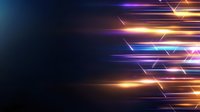 Glowing neon light streaks and geometric shapes on dark background create dynamic motion effect with orange, purple and blue colors for technology designs.