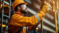 Caucasian male industrial worker in orange protective raincoat and hard hat working in heavy rain at construction site, focused on safety equipment inspection.