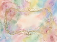 Pastel watercolor background with soft pink, yellow, green, and blue hues featuring an ornate gold decorative frame border, suitable for invitations and greeting cards.