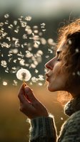 Young woman with curly hair blowing dandelion seeds that scatter in golden sunlight, creating dreamy atmosphere in nature during sunset.