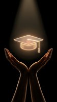 Glowing graduation cap floating above protective hands symbolizing educational achievement and academic success in dramatic lighting.