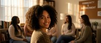 Young African American woman with curly hair smiling in cozy community center during group therapy or support meeting with diverse women in background.