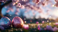Easter eggs decorated with glitter sparkle in spring sunlight under blooming cherry branches, with soft bokeh lights and fallen petals creating magical atmosphere.