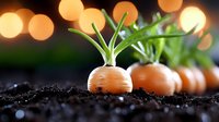 Fresh organic carrots growing in rich dark soil with green sprouts and warm bokeh lights in background creating magical garden atmosphere at sunset.