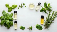 Fresh herbs and essential oils arranged on white background for natural aromatherapy and wellness products.