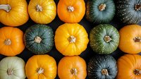 Fresh orange and green pumpkins arranged in checkerboard pattern on dark background, top view. Seasonal autumn harvest of decorative squash varieties.