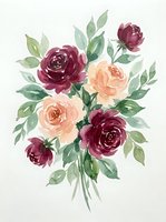 Watercolor floral bouquet with burgundy and peach roses, green foliage on white background. Isolated design element suitable for wedding invitations, greeting cards, and textile prints.