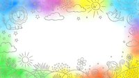 Colorful watercolor frame with hand drawn doodles including sun, clouds, flowers and nature elements on white background for creative design projects.