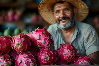 Hispanic senior farmer with straw hat smiling while selling fresh dragon fruit at local market, displaying vibrant pink pitaya produce in wooden crate, authentic farm-to-table moment.