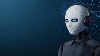 Futuristic white robotic head with glowing blue eyes against dark background with network connections, representing artificial intelligence and machine learning.