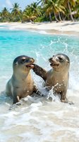 Two playful sea lions interact in shallow tropical waters with palm trees and sandy beach in background, suitable for wildlife, travel, and nature content.