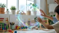 Young woman and child exploring holographic educational technology with floating digital icons in bright modern learning environment for interactive STEM education.