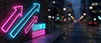 Neon arrows pointing upward with growth success text on urban street at night. Business motivation and achievement concept for presentations and marketing.