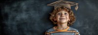 Cheerful curly haired caucasian boy wearing graduation cap against chalkboard background, expressing joy and achievement in education. Future success concept.