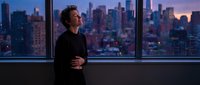 Young professional businessman in black shirt looking out office window at illuminated city skyline during twilight hour for corporate success concepts.