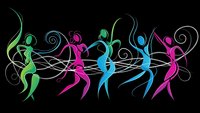 Colorful silhouettes of people dancing with flowing ribbons and swirls on black background. Dynamic movement and energy in vibrant neon colors.